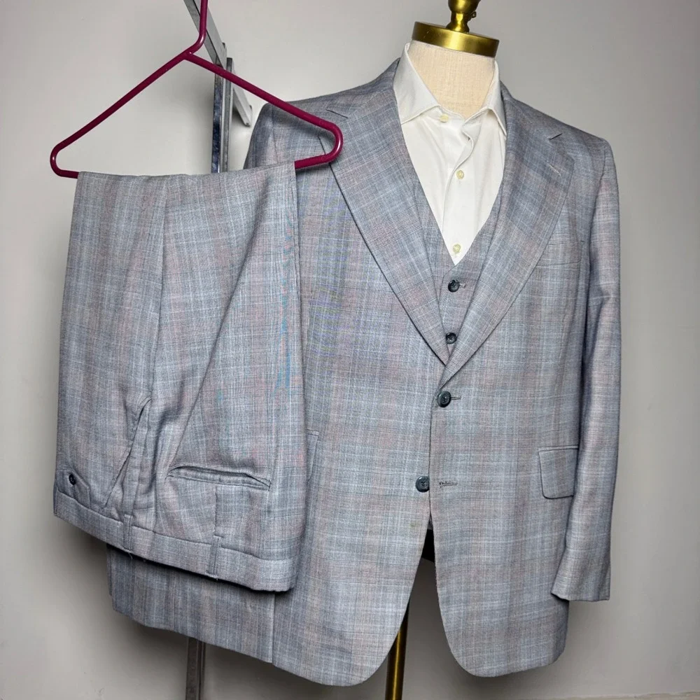 Etienne Caron 3-Piece Suit Mens 46R W38 Gray Plaid Vintage Wool Blend 2-Button